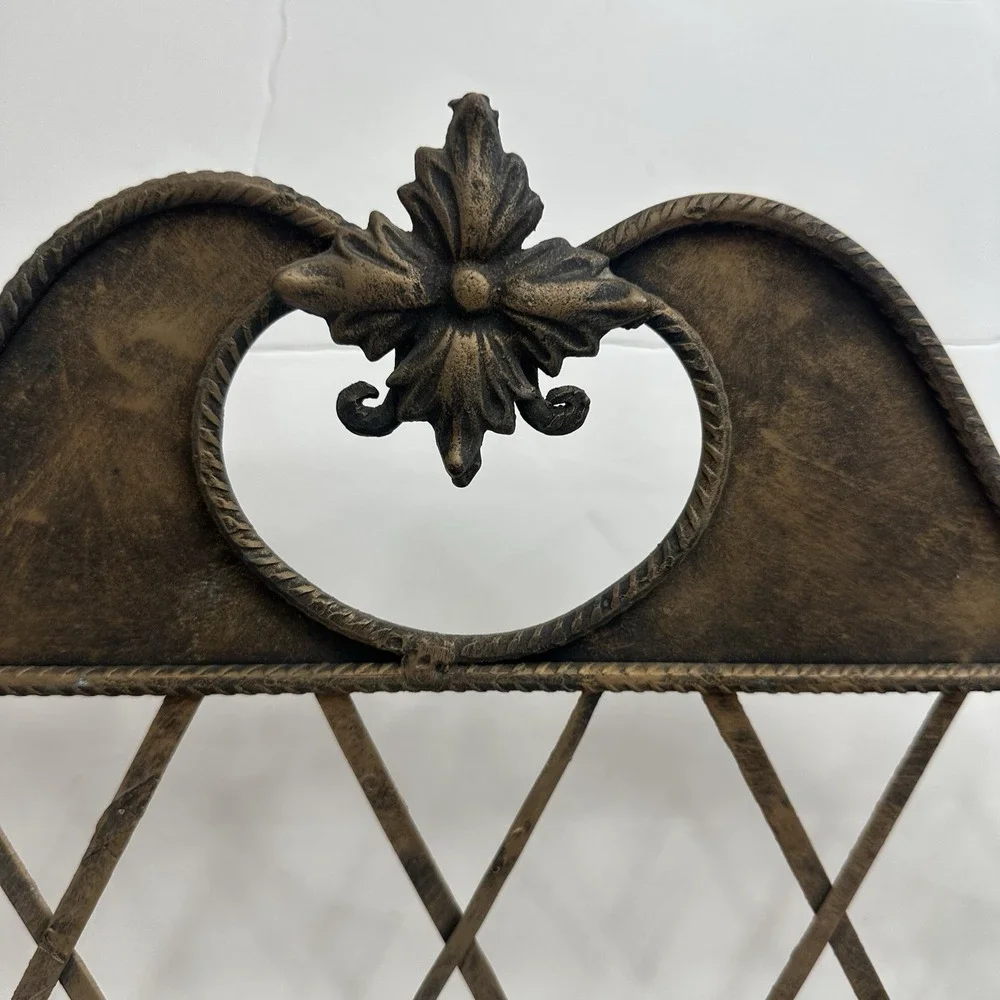 Vintage French Style 2 Tier Antiqued Gold Metal Standing Plant Shelf Scroll Fold